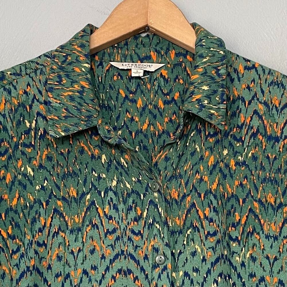 Liverpool Button Up Shirt Size Small Emerald Ikat Earthy Green Woven Blouse Boho - Picture 3 of 9